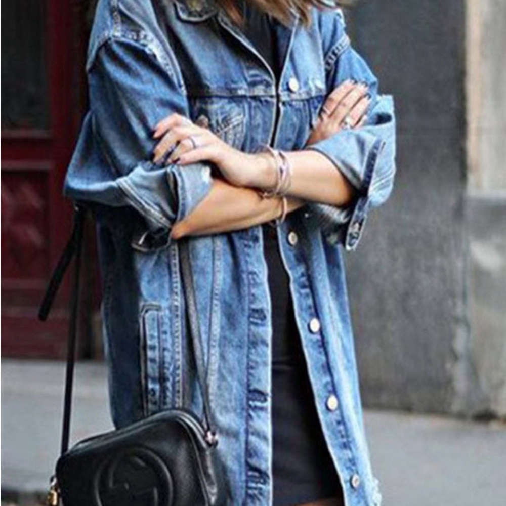 GUESS Long Tie Waist Denim Jean Jacket in Faded Blue